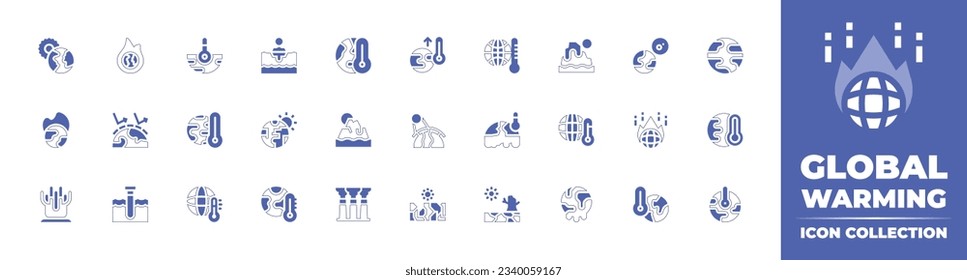 Global warming icon collection. Duotone style line stroke and bold. Vector illustration. Containing earth, climate change, ice, global warming, polar ice, desertification, greenhouse effect, and more.