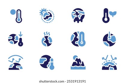 Global warming icon set. Bold style. Duotone colors. ozone, global warming, temperature, thermometer, climate change, greenhouse effect.
