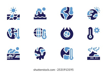 Ícone de aquecimento global definido. Estilo negrito. Cores duotônicas. seca, efeito estufa, temperatura, termômetro, geleira, aquecimento global, gelo polar.