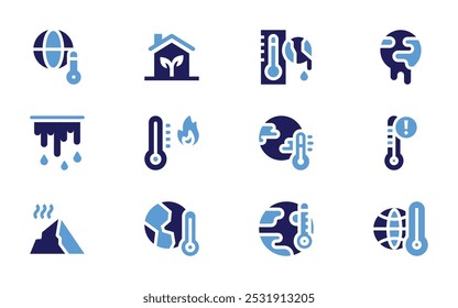 Global warming icon set. Bold style. Duotone colors. eco house, global warming, melting, high temperature, iceberg, thermometer.
