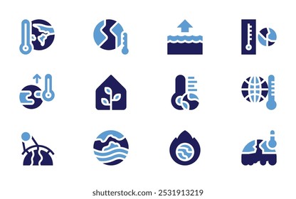 Conjunto de iconos de calentamiento global. Estilo audaz. Duotone colores. aumento, calentamiento global, tierra, invernadero, ola de calor.