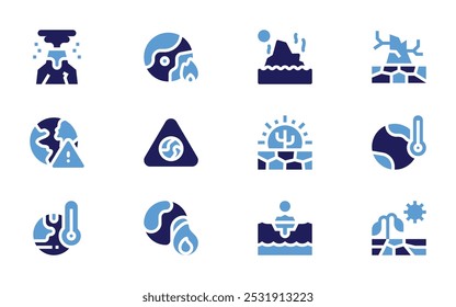 Ícone de aquecimento global definido. Estilo negrito. Cores duotônicas. geleira, seca, gelo, terra, aquecimento global, vulcão.