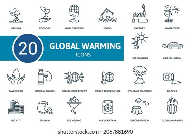Global Warming icon set. Collection of simple elements such as the sapling, ecology, world melting, car pollution, save water, greenhouse effect, flood.