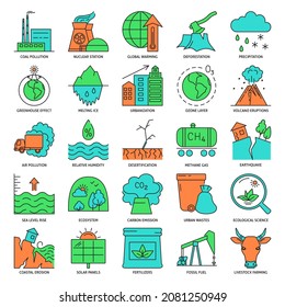 Global warming icon set in colored line style. Ecology problems and environment protection. Vector illustration.