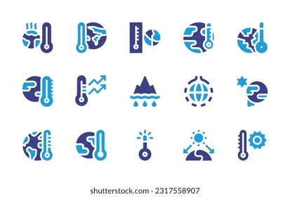Ensemble d'icônes sur le réchauffement climatique. Couleur de ton. Illustration vectorielle. Contenant le réchauffement climatique, la fonte, l'effet de serre, les conditions météorologiques extrêmes, la chaleur. 