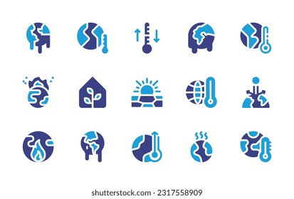 Conjunto de iconos de calentamiento global. Color de duotona. Ilustración vectorial. Con calentamiento global, tierra, temperatura, derretimiento, invernadero, sequía, termómetro, efecto invernadero. 