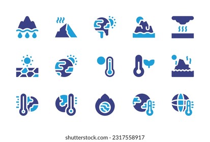 Global warming icon set. Duotone color. Vector illustration. Containing melting, iceberg, global warming, greenhouse effect, drought, temperature, thermometer, glacier. 