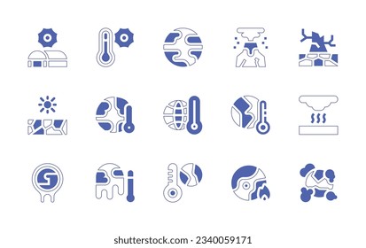 Global warming icon set. Duotone style line stroke and bold. Vector illustration. Containing greenhouse effect, thermometer, desertification, volcano, drought, earth, temperature, ice cap.