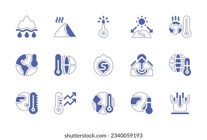 Global warming icon set. Duotone style line stroke and bold. Vector illustration. Containing melting, iceberg, extreme weather, greenhouse effect, global warming, climate change, coral.