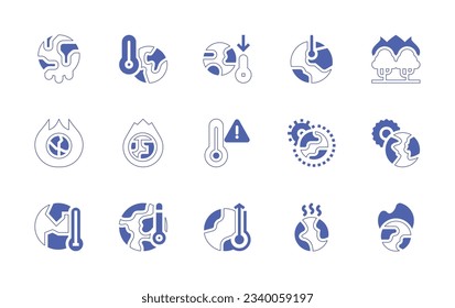 Conjunto de iconos de calentamiento global. Curso de línea de estilo duotónico y negrita. Ilustración vectorial. Conteniendo el calentamiento global, la temperatura, el cambio climático, los incendios forestales, el ozono, la tierra.