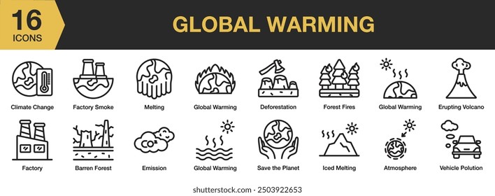Global Warming icon set. Includes atmosphere, barren forest, factory smoke, emission, melting, and More. Outline icons vector collection.