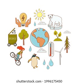 Global warming icon set isolated on white background. Arctic animals icons, thermometer, windmill, sun, recycling, eco food, save energy, cycling. Vector illustration