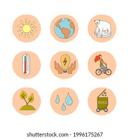 Global warming icon set on substrate isolated on white background. Polar bear icons on ice floe, thermometer, sun, recycling, eco food, save energy, cycling. Vector illustration