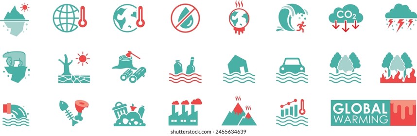 Conjunto de iconos de calentamiento global Icono sólido estilo simple. La Ilustración vectorial contiene CO2, tormenta, mundo, destruir, fábrica, iceberg, oso polar