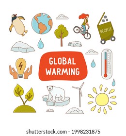 Global Warming Icon Set With Text Isolated On White Background. Arctic Animals Icons, Thermometer, Windmill, Sun, Recycling, Eco Food, Save Energy, Cycling. Vector Illustration