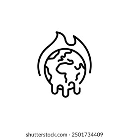 Global warming icon. A simple vector illustration depicting a melting Earth surrounded by flames. Ideal for use in environmental educational materials, or sustainability projects. Vector illustration