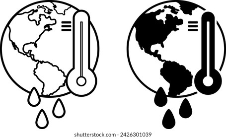 Global Warming icons. Black and White Vector Icons. Planet, Rising Temperatures and Melting Glaciers. Ecology and Environmental Protection Concept