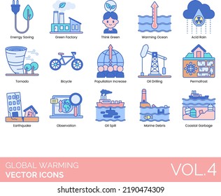 Global Warming Icons Including Air Pollution, Animals, Carbon Dioxide, Desert, Drought, Earth, Ecology, Extinction, Extreme Weather, Factory, Flood, Food Scarcity, Forest, Fossil Fuel, Global Warming