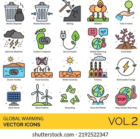 Global Warming Icons including Air Pollution, Animals, Car Pollution, Carbon Dioxide, Carbon Footprint, Climate Change, Coral Reef, Deforestation, Desert, Drought, Earth, Ecology, Energy, Efficiency