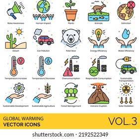 Global Warming Icons including Air Pollution, Animals, Car Pollution, Carbon Dioxide, Carbon Footprint, Climate Change, Coral Reef, Deforestation, Desert, Drought, Earth, Ecology, Energy, Efficiency