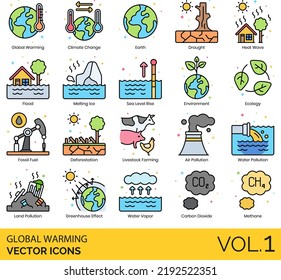 Global Warming Icons including Air Pollution, Animals, Car Pollution, Carbon Dioxide, Carbon Footprint, Climate Change, Coral Reef, Deforestation, Desert, Drought, Earth, Ecology, Energy, Efficiency