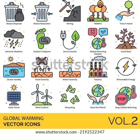 Global Warming Icons including Air Pollution, Animals, Car Pollution, Carbon Dioxide, Carbon Footprint, Climate Change, Coral Reef, Deforestation, Desert, Drought, Earth, Ecology, Energy, Efficiency