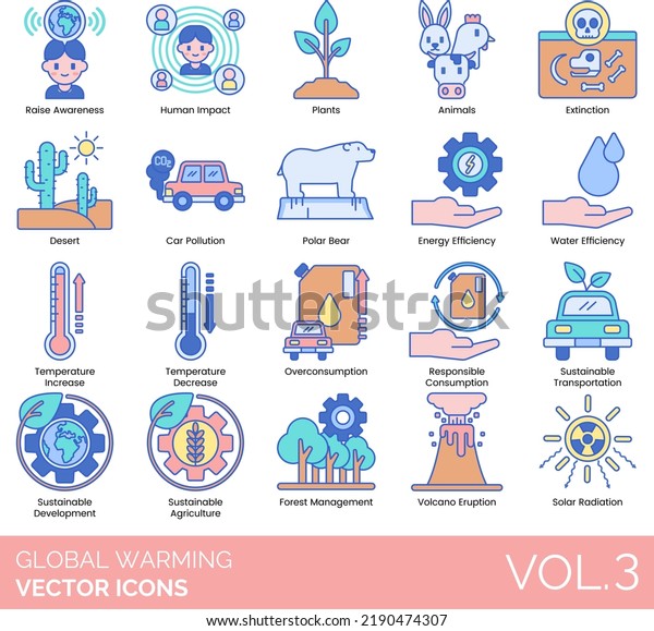 Global Warming Icons including Air Pollution,
Animals, Carbon Dioxide, Desert, Drought, Earth, Ecology,
Extinction, Extreme Weather, Factory, Flood, Food Scarcity, Forest,
Fossil Fuel, Global
Warming