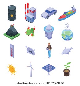 Global warming icons set. Isometric set of global warming vector icons for web design isolated on white background