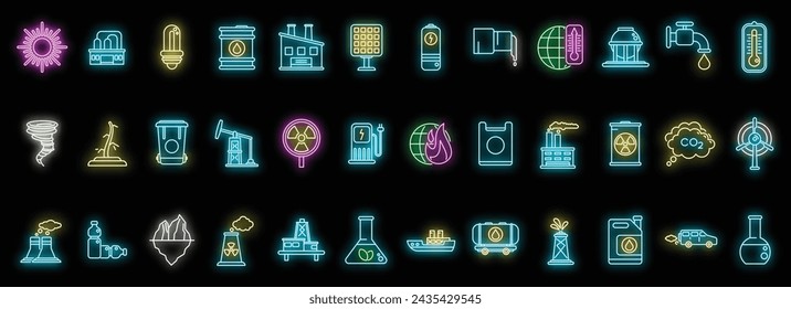 Global warming icons set outline vector. Climate change. Earth warm neon isolated