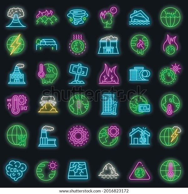 Global warming icons set. Outline set of\
global warming vector icons neon color on\
black