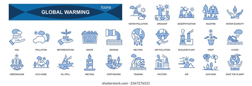 ;global warming icons sets with  blue design 25 icons
