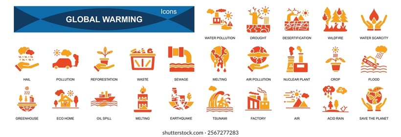 global warming icons sets with colour orange design 25 icons