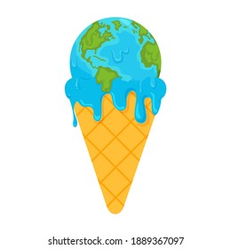 El calentamiento global se ilustra con un cono de helado que se derrite y el helado parece ser también un mapa mundial de la tierra.