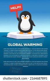 ilustración del calentamiento global con un pingüino lindo sosteniendo una pancarta sobre el calentamiento global en el hielo flotante