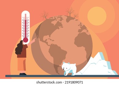 Ilustración del calentamiento planetario, contaminación ambiental, concepto de impacto del calentamiento global. Concepto de cambio climático. Vector con poca gente y elementos florales. Día Mundial del Medio Ambiente, ecología del suelo.