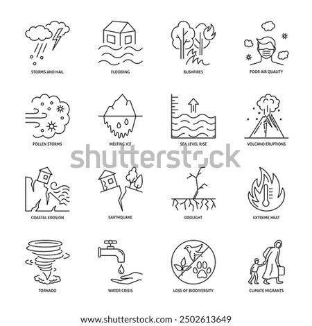 Global warming impact line icon set. Vector illustration.