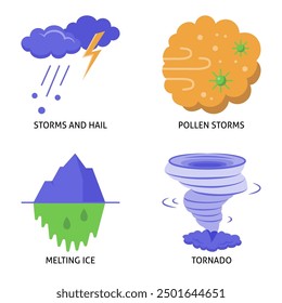 Global warming impacts flat icon set. Natural disasters caused by climate change. Vector illustration.