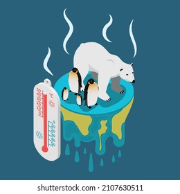 Global warming isometric composition with images of white bear and penguins suffering from heat with thermometer vector illustration
