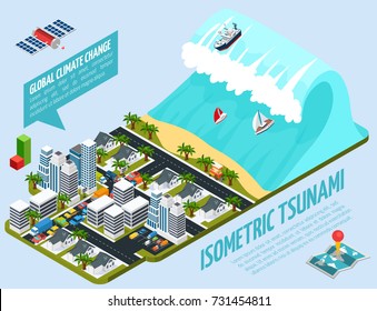 Global Warming Isometric Composition With Tsunami, City On Seashore, Satellite, World Map On Blue Background Vector Illustration 