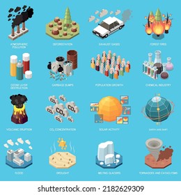 Grupo isométrico del calentamiento global de erupciones volcánicas tornados destrucción de la capa de ozono incendios forestales actividad solar composiciones aisladas ilustración vectorial