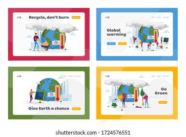Global Warming Landing Page Template Set. Characters Care of Plants on Earth with Factory Pipes Emitting Smoke. Air Pollution, Co2 Gas Emission, High Temperature. Cartoon People Vector Illustration