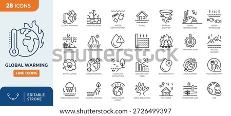 Global Warming line editable icon set. Contain icons related to climate change, ecology, environmental disaster, polution, and more. Editable stroke. Vector illustration