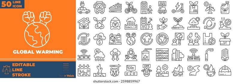 Global Warming Line Editable Icons set. Vector illustration in modern thin line style of global warming icons: global warming, greenhouse, melting ice, etc