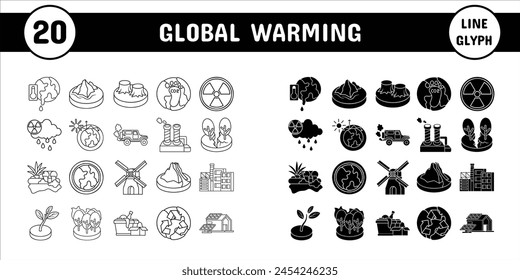 Línea de Calentamiento Global Glifo Ilustración vectorial Icono Pegatina Set Diseño Materiales