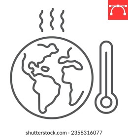 Global warming line icon, climate change and ecology, earth with thermometer vector icon, vector graphics, editable stroke outline sign, eps 10.