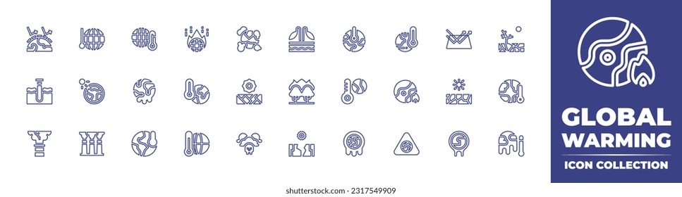 Kollektion von Symbolen für die globale Erwärmung Bearbeitbarer Strich. Vektorgrafik. Treibhauseffekt, Temperatur, Erderwärmung, Umweltverschmutzung, Ernte, Dürre, Versauerung der Ozeane, Ozonschicht.