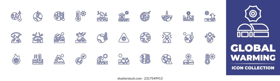 Global warming line icon collection. Editable stroke. Vector illustration. Containing temperature, climate change, thermometer, drought, greenhouse effect, glacier, global warming, desertification.