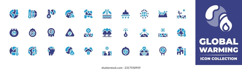 Global warming line icon collection. Editable stroke. Vector illustration. Containing global warming, pollution, crop, melting, greenhouse effect, drought, wildfire, extreme weather, desertification.