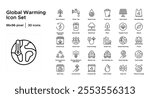 Global Warming Line Icon Set: Climate Change, Greenhouse Emissions, and Environmental Impact Icons