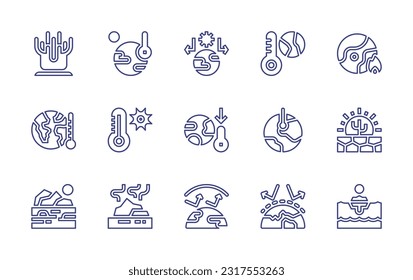 Global warming line icon set. Editable stroke. Vector illustration. Containing coral, heat, greenhouse effect, global warming, temperature, thermometer, climate change, drought, glacier, ice.